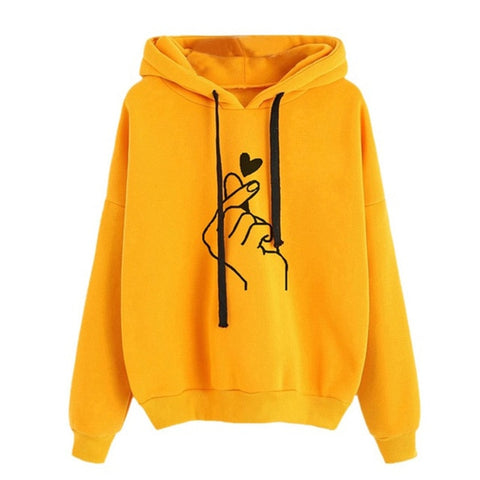 Women Hoodies Casual Kpop Finger Heart Love Pattern Hooded Sweatshirts Fashion Drawstring Long Sleeve Female Pullovers Plus Size