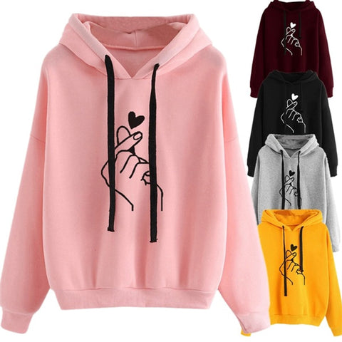 Women Hoodies Casual Kpop Finger Heart Love Pattern Hooded Sweatshirts Fashion Drawstring Long Sleeve Female Pullovers Plus Size