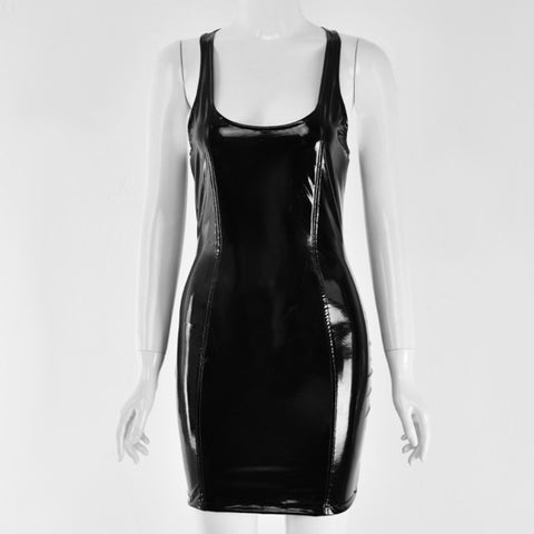 VOZRO Nightclub Reflective Sexy Low-cut Big U Patent Leather PU Tight Body Summer Party Dress Women Short Skirt Vestido Dresses